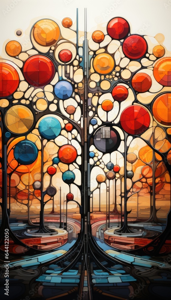 Poster a painting of a tree with many different colored balls. digital image.