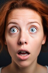 closeup of woman looking shocked with copyspace and eyes open