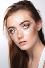Fototapeta premium shot of a beautiful woman with sparkles on her eyes against a white background