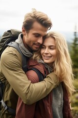shot of a young man and woman embracing while out on a hiking expedition