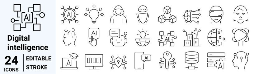 Artificial intelligence set of 24 web icons in line style. AI technology icons for web and mobile app. Machine learning, digital AI technology, algorithm, smart robotic and cloud computing network