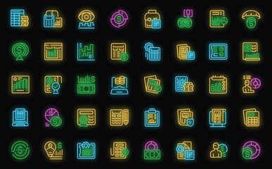 Accounts manager icons set outline vector. Financial money. Control account neon color on black