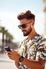 shot of a handsome young man using his cellphone on holiday