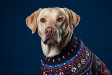 Medium shot portrait photography of a cute labrador retriever wearing a festive sweater against a deep indigo background. With generative AI technology