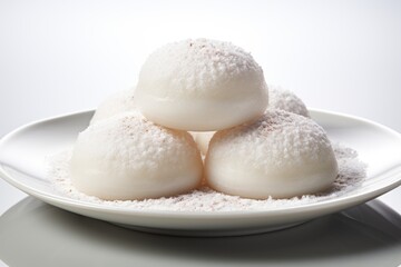 Fototapeta na wymiar A white plate topped with three white mochi. Traditional Japanese sweets.