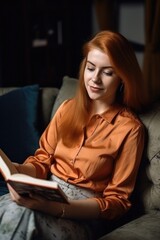 Fototapeta premium portrait of a happy young woman reading a book on the sofa at home