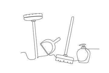 A set of cleaning tools . Cleaning supplies one-line drawing