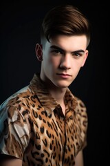 shot of a young man wearing an animal print shirt