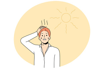 Unhealthy man standing under sun feel dehydrated and overheated in hot weather. Sick male struggle with heatstroke during summer. Health problem. Vector illustration.