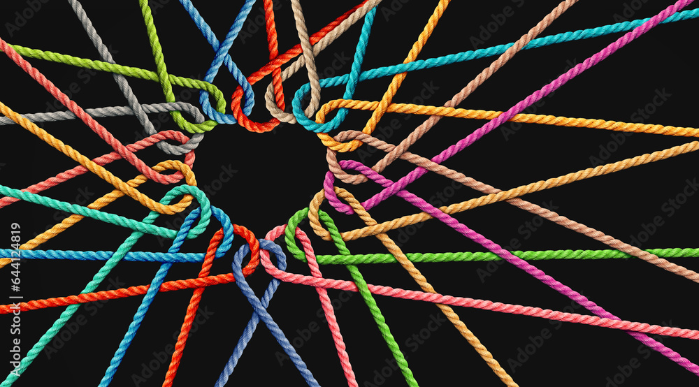 Aufkleber love and unity partnership as ropes shaped as a heart in a group of diverse strings connected togeth