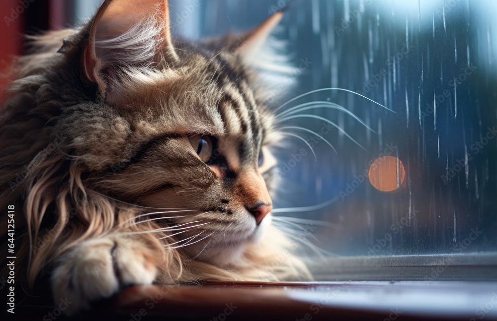 Poster a cat laying on a window sill looking out the window. digital image. autumn vibes.