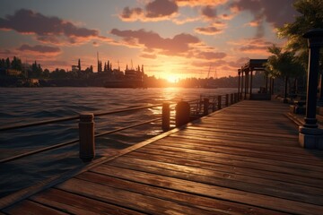 Obraz premium Wooden pier on ocean or sea at sunset, perspective view