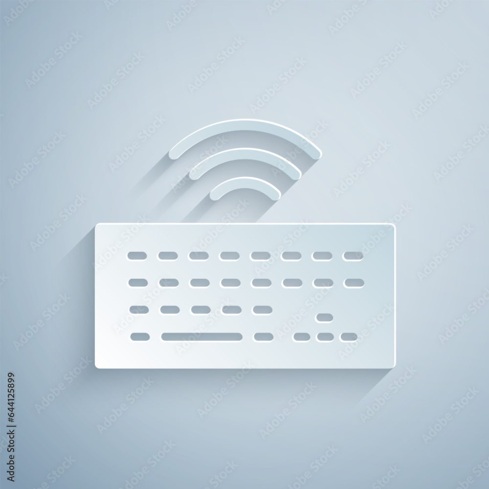 Poster paper cut wireless computer keyboard icon isolated on grey background. pc component sign. internet o