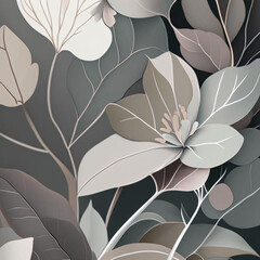 Soft grey and pink shades flowers with stems and leaves. Watercolor art background.