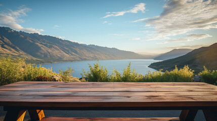 Obraz premium A wooden table sitting on top of a lush green hillside, Generative AI