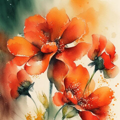 Red and orange watercolor poppy flowers with stems and leaves. Watercolor art background.