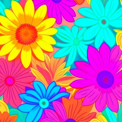 Obraz premium Blue, yellow and pink watercolor flowers with stems and leaves. Watercolor art background.