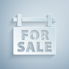 Paper cut Hanging sign with text For Sale icon isolated on grey background. Signboard with text For Sale. Paper art style. Vector