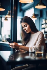 shot of a young woman using her mobile phone and credit card in a restaurant