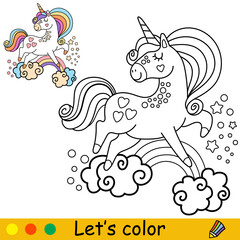 Cartoon doodle unicorn kids coloring vector illustration