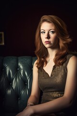 a portrait of an attractive young woman sitting on a sofa