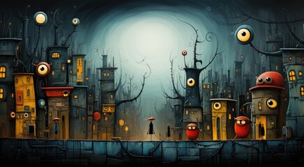 A painting of a city at night with a full moon. Digital image.