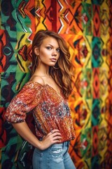 shot of a beautiful young woman posing in front of a wall painted with beautiful colorful art