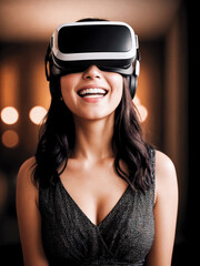 a young woman wearing vr headset. a portrait of a young woman enjoying and smiling