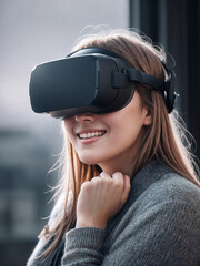 a young woman wearing vr headset. a portrait of a young woman enjoying and smiling