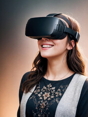 a young woman wearing vr headset. a portrait of a young woman going emotional wearing vr headset