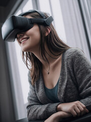 a young woman wearing vr headset at home. a portrait of a young woman enjoying and smiling. woman watching vr content