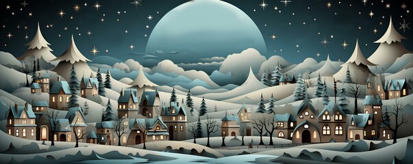 Christmas winter landscape and village at night with moon and stars. Papercraft style vector illustration. Generative AI.