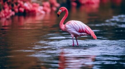 pink flamingo on the lake, pink flamingo swimming on the water, close-up of a beautiful pink flamingo