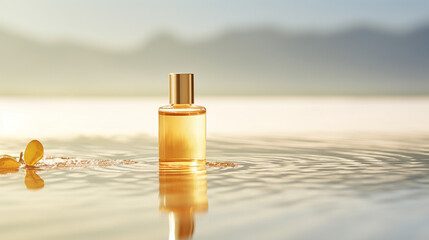 A sleek, unmarked skincare bottle peacefully adrift in glistening golden waters, radiating purity and elegance. - obrazy, fototapety, plakaty