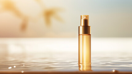 Fototapeta premium A minimalistic skincare bottle rests in radiant golden waters, exuding simplicity and elegance.