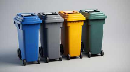 Colored containers for separate waste collection on gray background. Caring about an environment, separating garbage into different containers