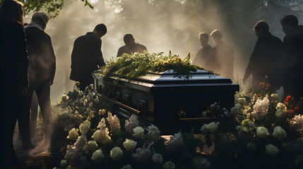 Death, funeral and coffin with family mourning, sad and depressed for grieving time. Grief together, mental health and people in black suits giving their last goodbyes at the cemetery