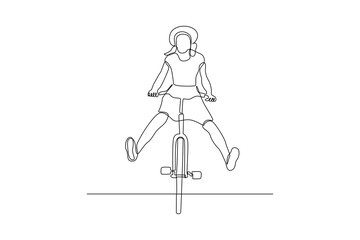 Continuous one line drawing People riding bikes on city street concept. Doodle vector illustration.