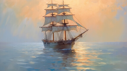 Fototapeta premium brigantine ship sailboat seascape drawing art.