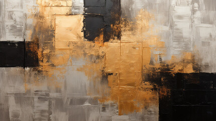 A detailed close-up of an abstract art texture in dark gold and black, featuring oil and acrylic brushstrokes, palette knife, and geometric spatula techniques with rectangles on canvas. - obrazy, fototapety, plakaty