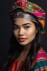 cropped shot of a young ethnic woman wearing colorful traditional headwear