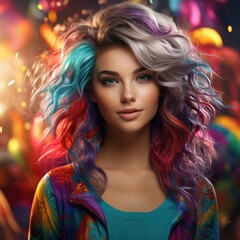 Attractive beautiful girl with colored rainbow colored hair
