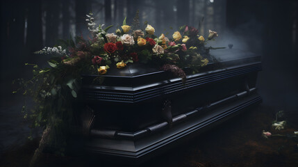 Death, funeral and coffin with family mourning, sad and depressed for grieving time. Grief together, mental health and people in black suits giving their last goodbyes at the cemetery