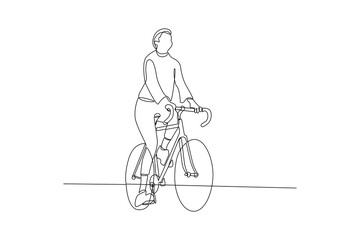Continuous one line drawing People riding bikes on city street concept. Doodle vector illustration.