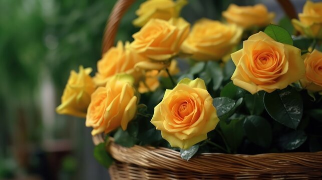 Beautiful yellow roses in basket on blurred background, closeup view. Mother's day concept with a space for a text. Valentine day concept with a copy space.