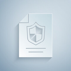 Paper cut Contract with shield icon isolated on grey background. Insurance concept. Security, safety, protection, protect concept. Paper art style. Vector.