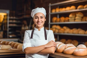Fototapeten Young female baker standing at workplace on baking manufacture. © Bobboz