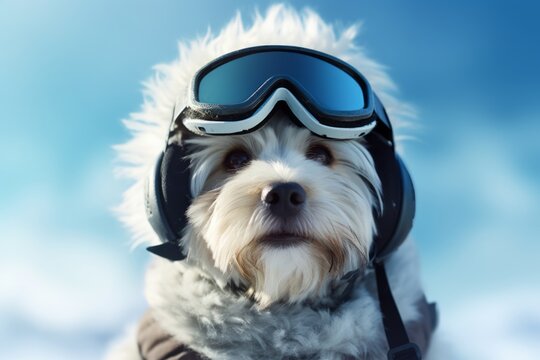 Medium shot portrait photography of a funny havanese dog wearing a ski suit against a soft blue background. With generative AI technology