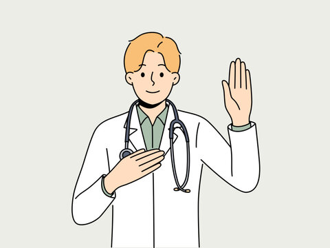 Doctor pronounces hippocratic oath and puts hand on heart, promising to follow medical rules. Doctor in white coat with stethoscope around neck takes oath and dreams of becoming good healer
