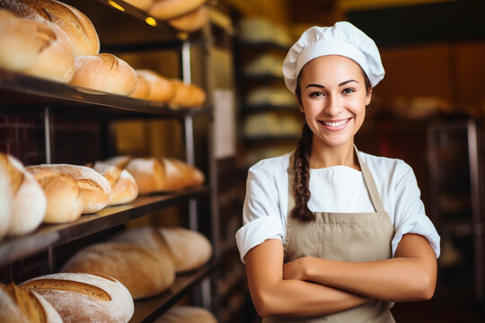 Young female baker standing at workplace on baking manufacture.